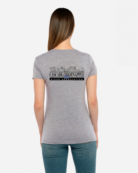 Womens' Cascade Thornapple River Association Short Sleeve T-Shirt-Traditional Left Chest Logo w/Vintage B&W Logo Back