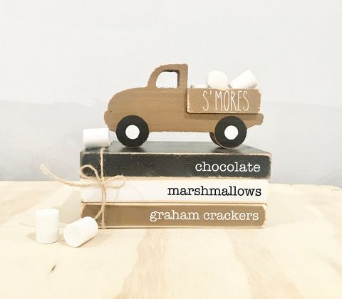 S'mores tiered tray, wooden truck, Mini book bundle, Book stack, Wooden truck, Faux books, books, Tiered tray decor, S'mores bar