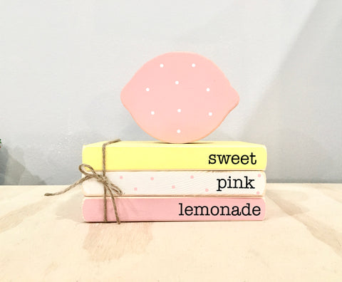 Summer tiered tray, Pink lemonade, Mini book stack, Lemonade decor, Farmhouse, Tiered tray decor, Fresh squeezed lemonade, wooden lemon