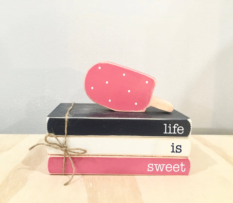 Summer tiered tray, Wooden popsicle, Wooden books, Summer decor, Ice cream, Summer days, Faux books, Tiered tray decor,  faux ice cream