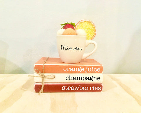 Mimosa bar, Tiered tray decor, Mini book bundle, Tiered tray mug, Book stack, Kitchen,  Faux books, Happy hour, Bar decor, Champagne