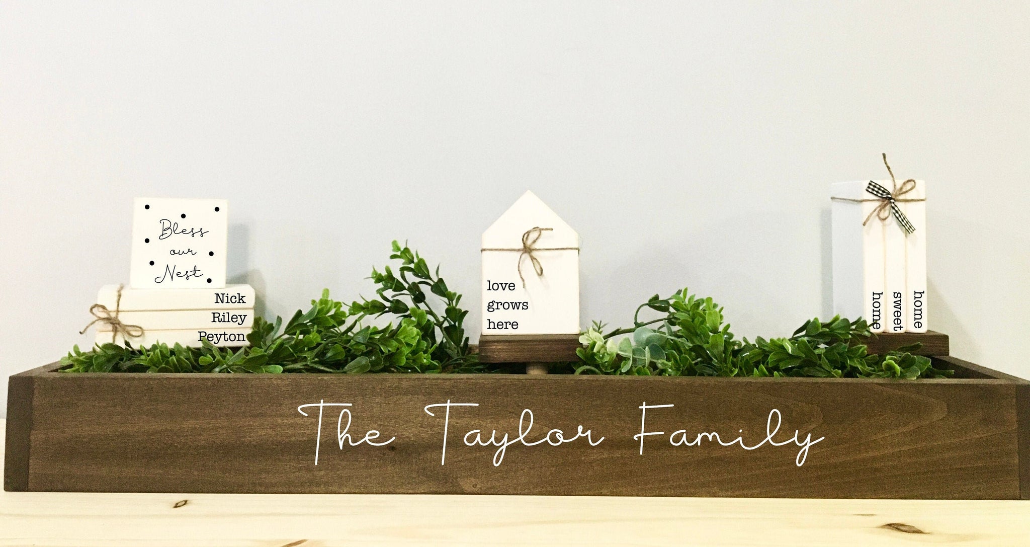 Personalized centerpiece, Farmhouse decor, Wooden box for table, Mini book stack, Personalized books, Wooden house, Table decor, box