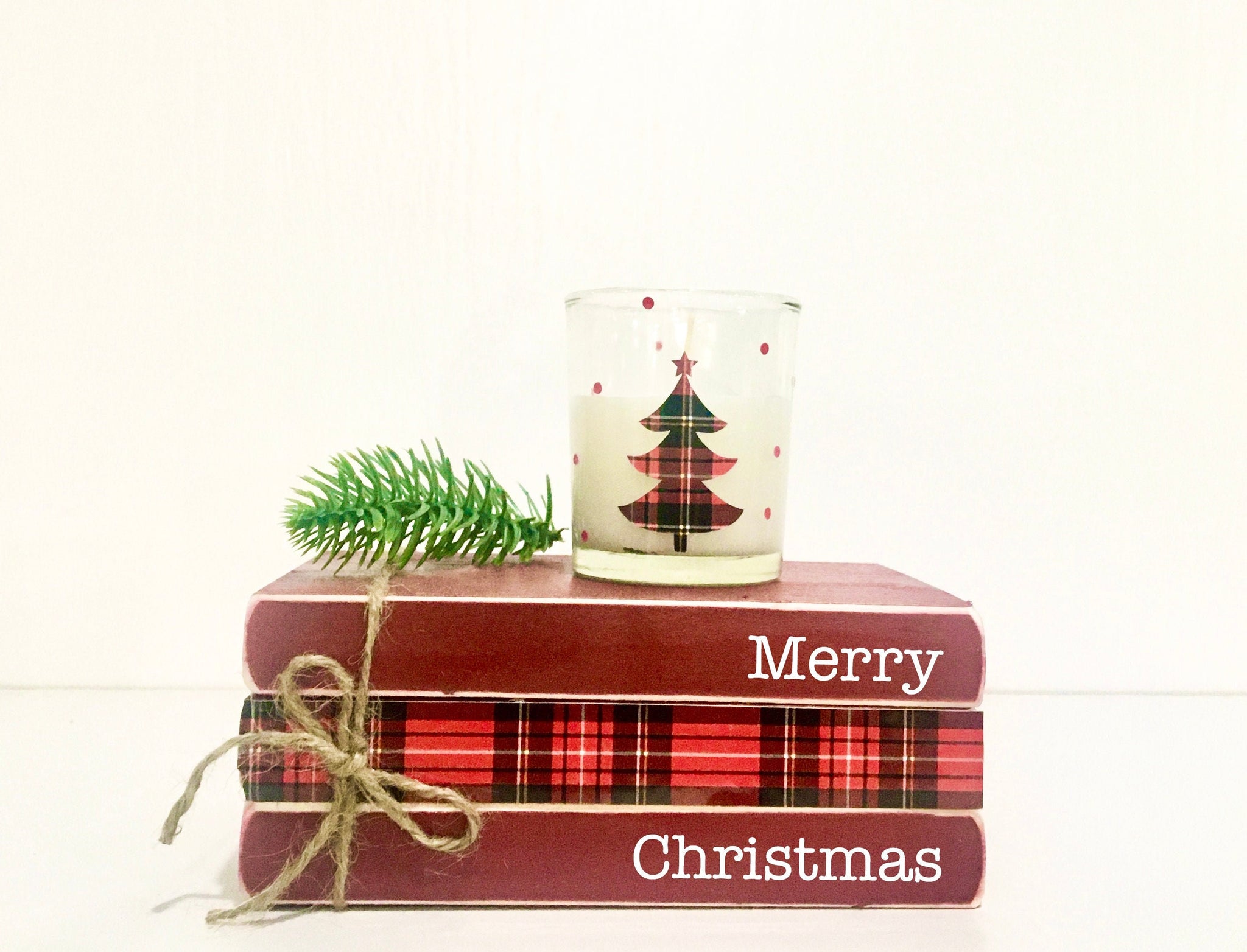 Wooden books, Plaid, Tiered tray decor, Candle holder, Votive, Faux book stack, Christmas decor, Teacher gift, Housewarming, hostess gift