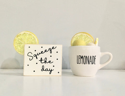 Lemonade mug, Tiered tray sign, Lemons, Squeeze the day, mini mug, Tiered tray decor, Lemonade decor, Lemon tiered tray, Mug and sign set