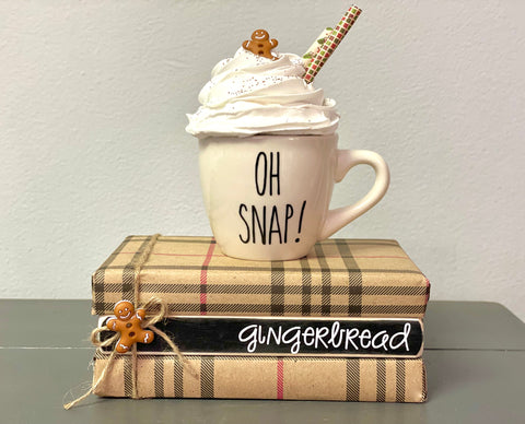 Gingerbread, Holiday tiered tray, Mug topper, Plaid books, Hot cocoa mug, Oh snap, Tiered tray decor, Book stack, Christmas decor